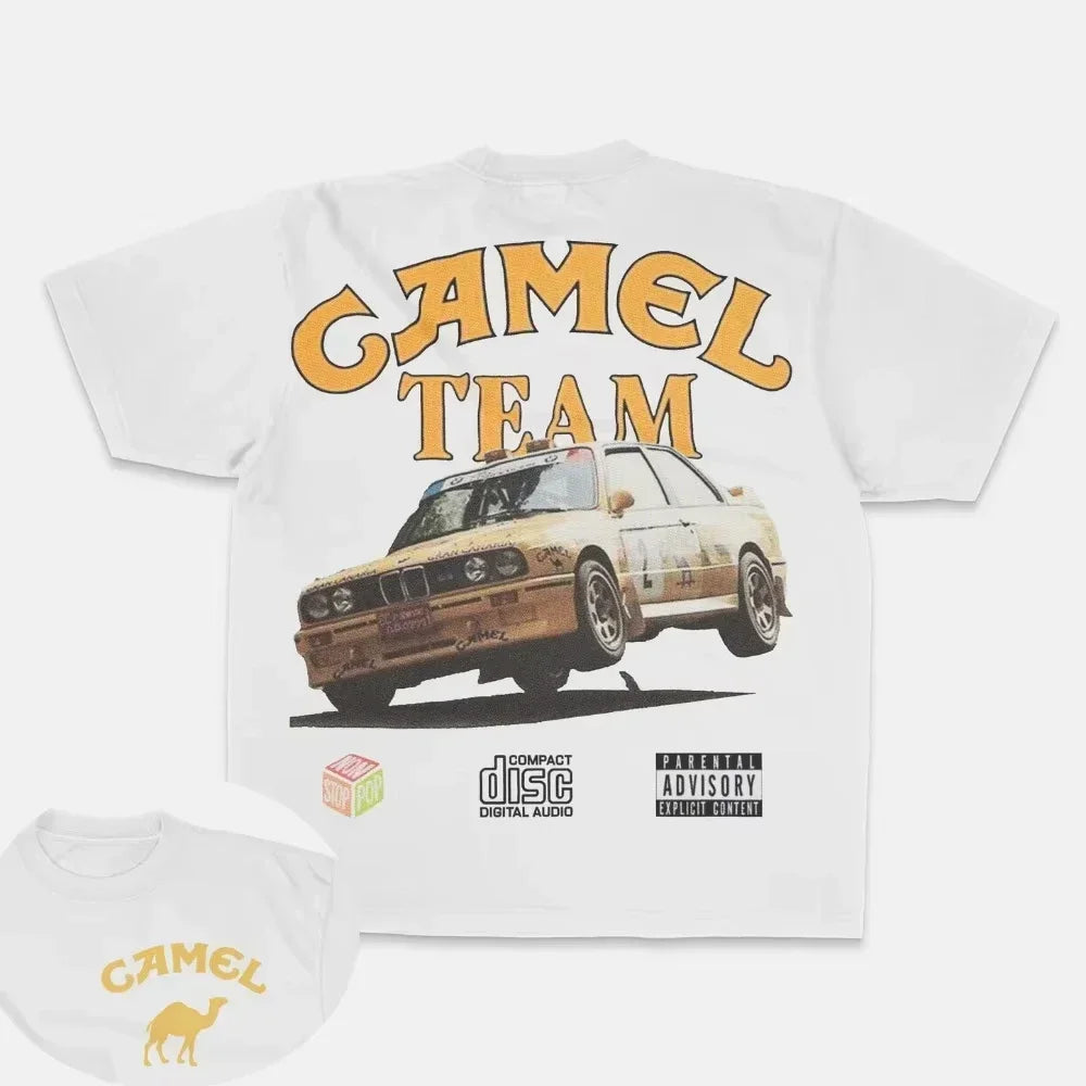 Retro Car Camel Cigarettes T-Shirt Vintage Cotton Tops Tees Short Sleeve Casual Streetwear Men Women Clothing Harajuku
