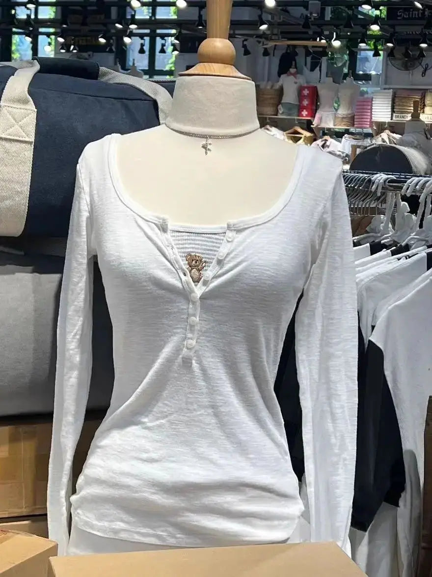Women's Ribbed Long-Sleeve Top — Six-Button Slim Round-Neck Y2K Tee