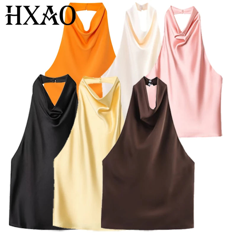 Women's Satin Halter Crop Top — Off-Shoulder Backless Sleeveless Cami