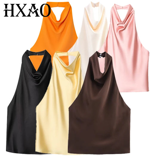 Women's Satin Halter Crop Top — Off-Shoulder Backless Sleeveless Cami