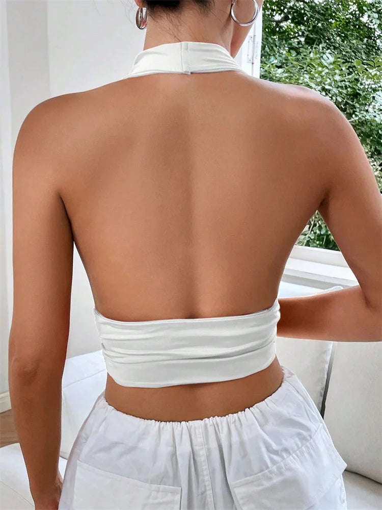Women's Sleeveless Backless Deep V-Neck Halter Crop Top – Y2K Streetwear Club Party Top | S–L (Black, White)