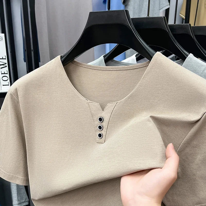 Men's Split V-Neck Tee - Three Metal Buttons, Breathable Slim Fit