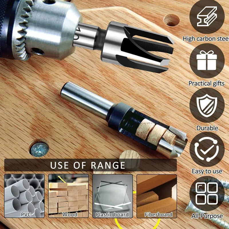 8 Pc Wood Plug Cutter Set, Carbon Steel Tenon Drill Bits