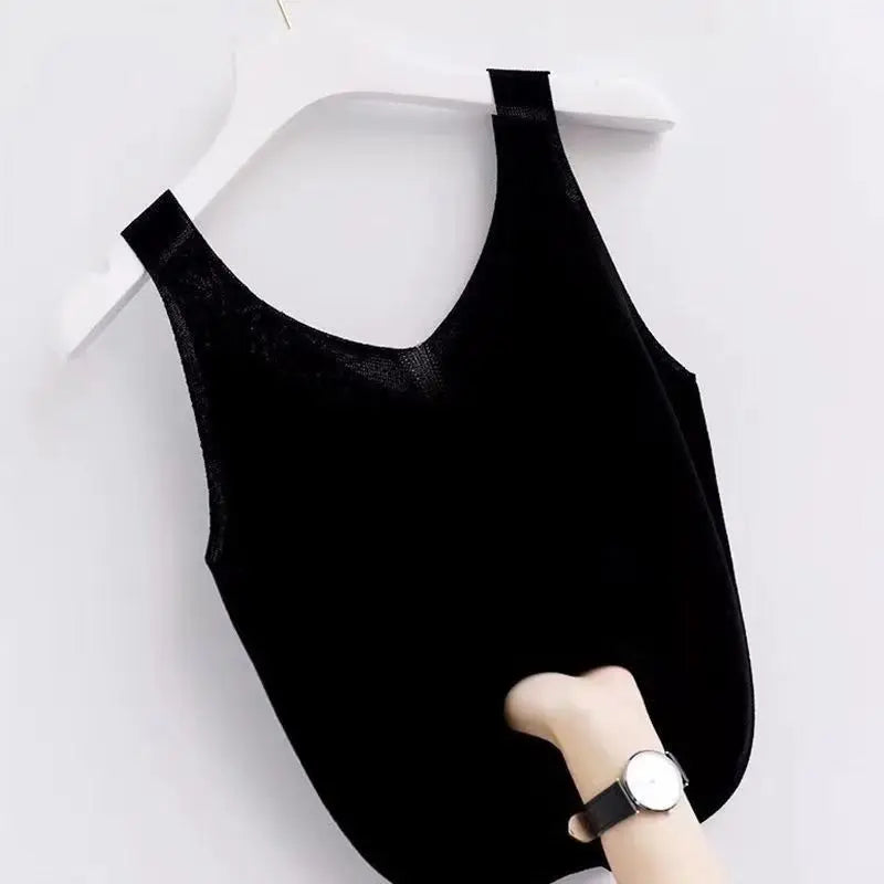 Plus Knit Tank Top V-Neck Ice Silk Sleeveless 2026 Summer Clothing Vests for Women Korean Fashion Loose Elegant Casual Cami Top