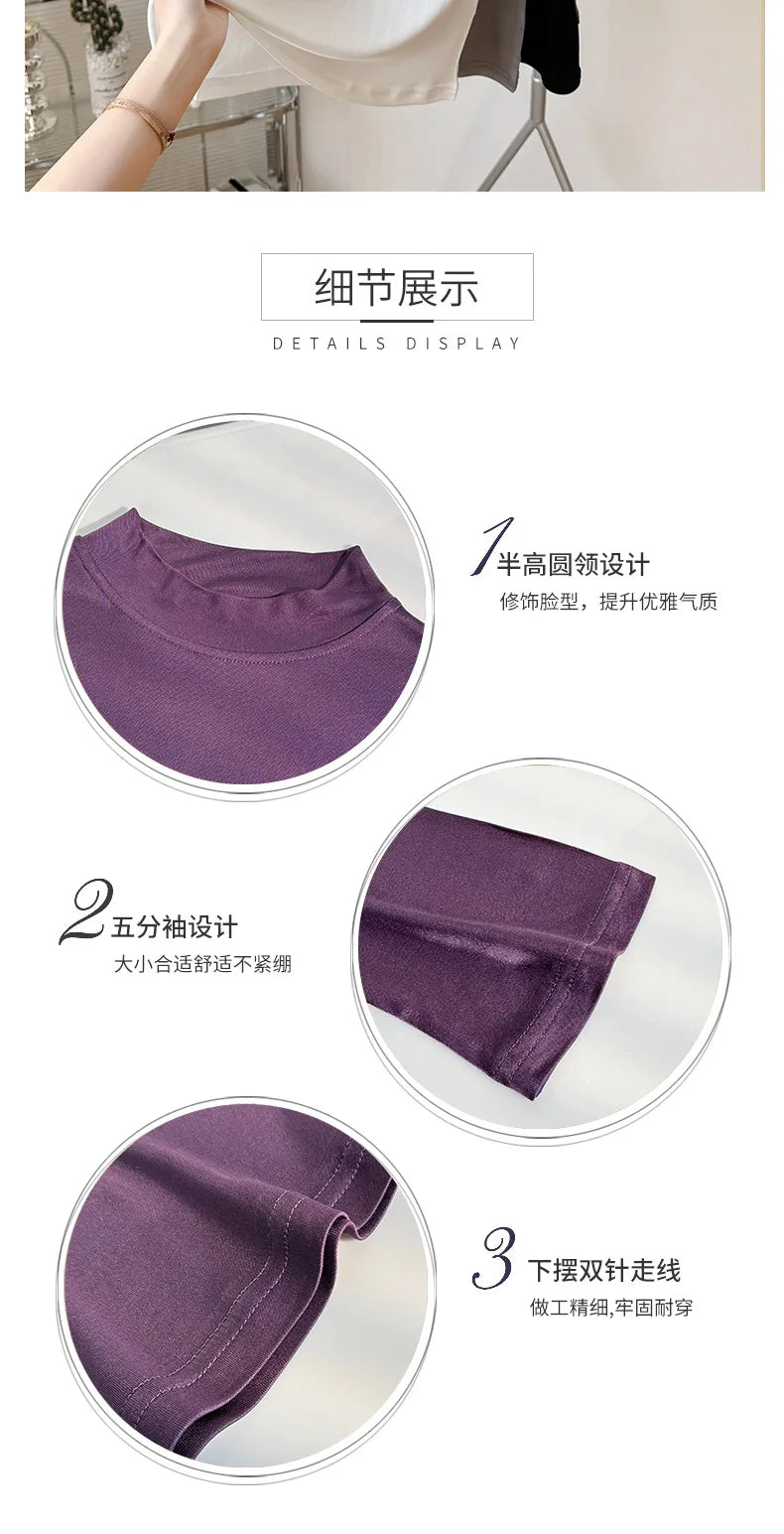 Yuyue's 100% Mulberry Silk Basic Women's T-shirt Solid Color Large Size Half Crew Neck Mulberry Silk Top Mid-sleeve Base Shirt