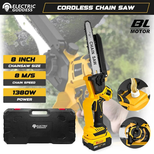 8 Inch 1380W Brushless Yellow Electric Chain Saw Professional Garden Pruning Saw Power Tool For Dewalt 20V Battery Pin