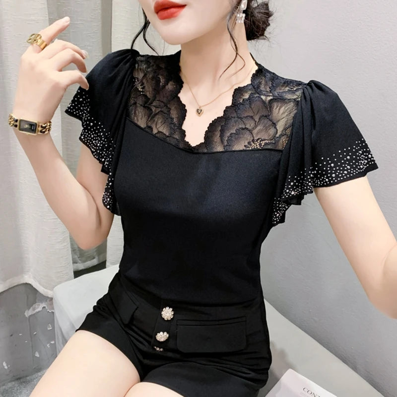Women Casual Diamonds Lace T Shirts Summer 2026 Korean Fashion Y2k Clothes Slim V Neck Harajuku Sexy Ladies Streetwear Tops Tees