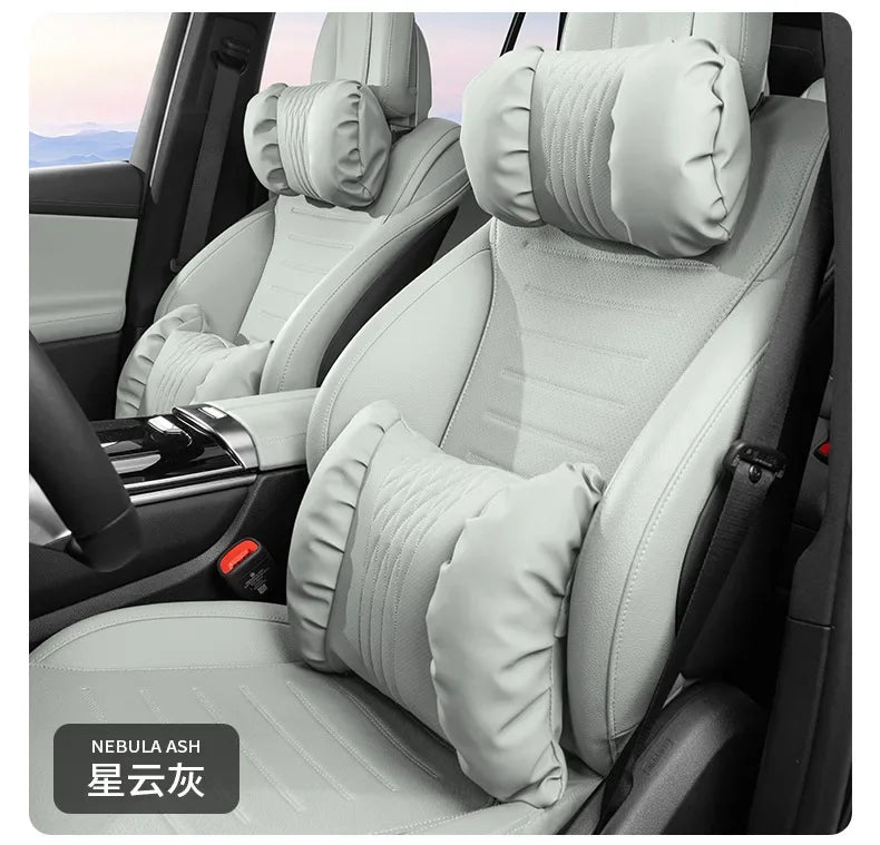 Nappa Leather Car Headrest & Lumbar Support Cushion – Soft Neck Pillow & Waist Pillow Set