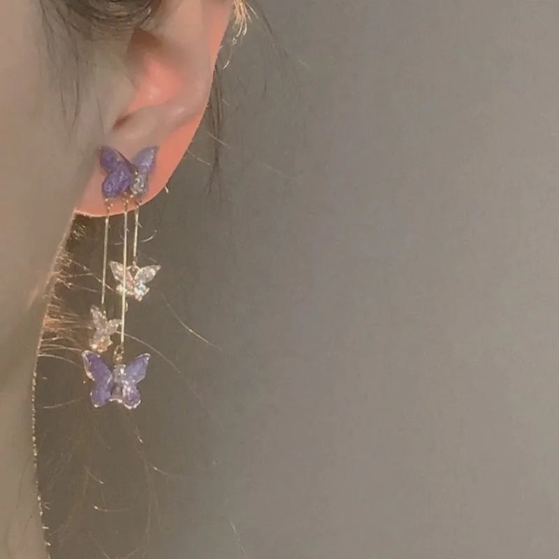 Purple Butterfly Tassel Earrings – Crystal Drop Jewelry