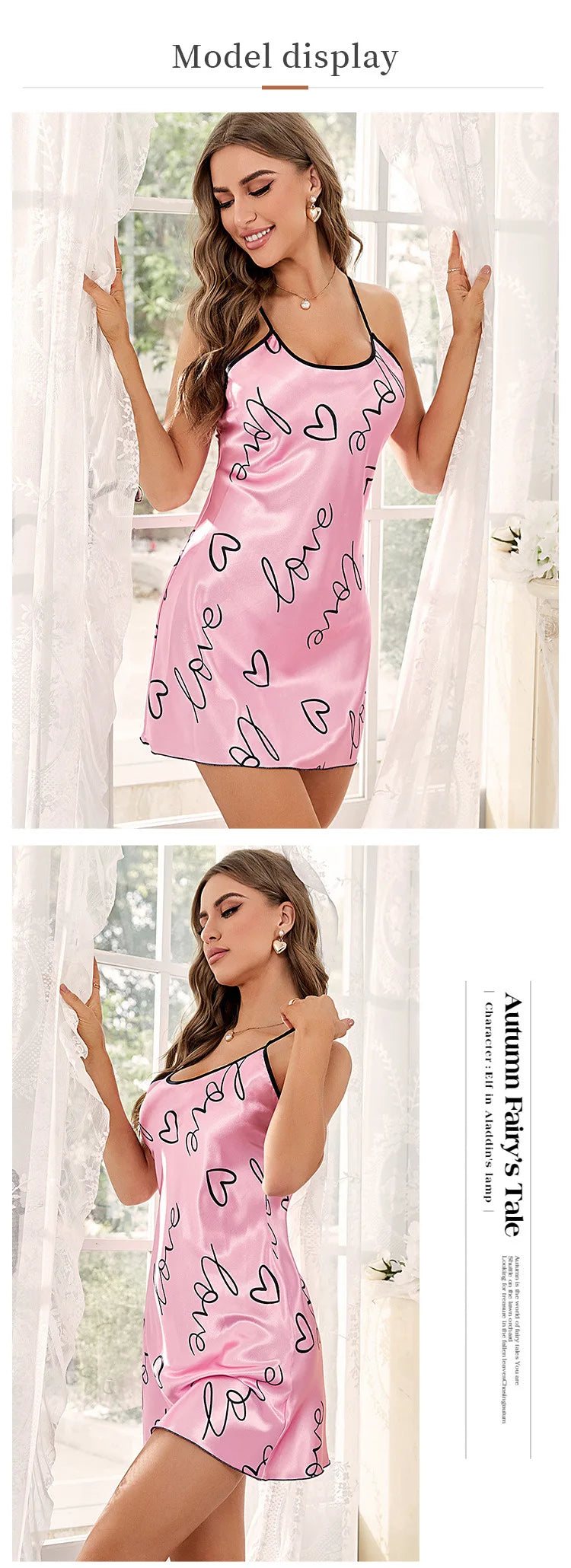Women's Heart & Letter Print Nightdress – Sexy Sleeveless Satin Slip Sleepwear | S–XL (6 Colors)