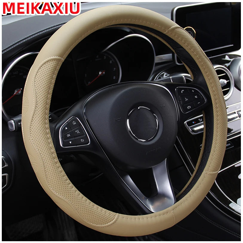 38cm PU Fiber Leather Steering Wheel Cover Embossed Style round Car Decorations Accessory with Inner Ring for All Seasons