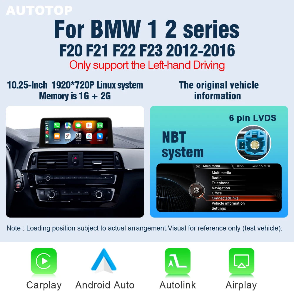 AUTOTOP 10.25" 1920*720 Car Replacement Radio Display for BMW 1 2 series F20 F21 F22 NBT 2026-2026,Wireless CarPlay Android Auto