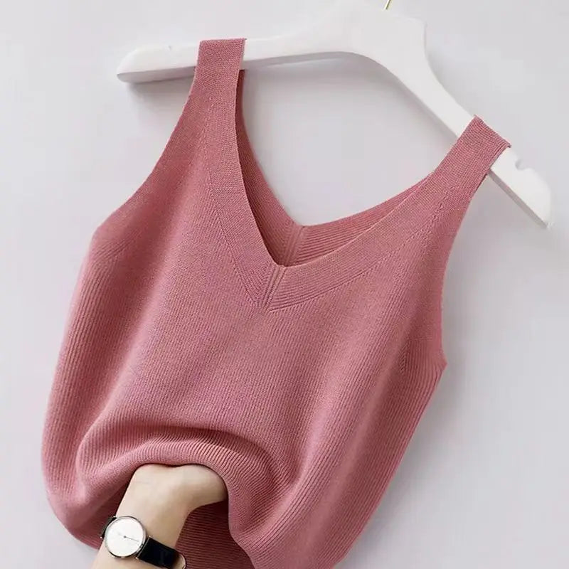 Plus Knit Tank Top V-Neck Ice Silk Sleeveless 2026 Summer Clothing Vests for Women Korean Fashion Loose Elegant Casual Cami Top