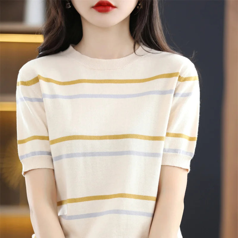 Pure Cotton Hollow Short-Sleeved Ladies Spring And Summer Loose Slim New Joker Knit Bottoming T-Shirt