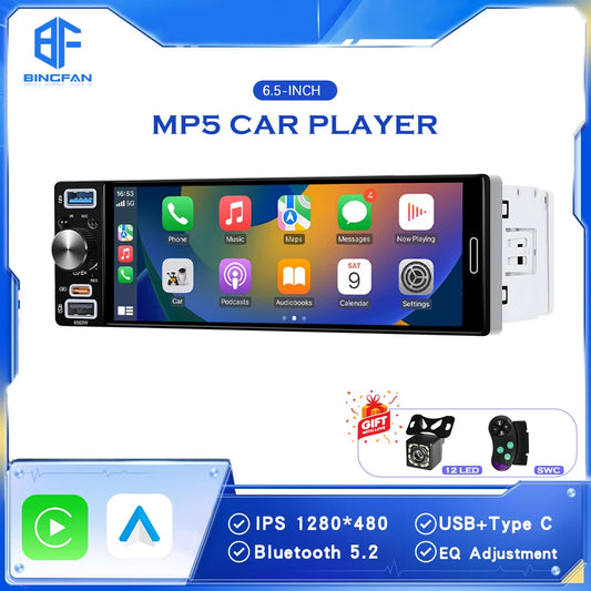 6.5" 1 DIN Universal Car Stereo with Apple CarPlay & Android Auto (MP5)