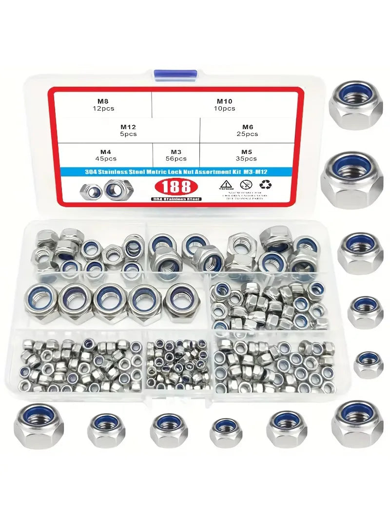 188/230/300pcs 304 Stainless Steel Lock Nut Assortment Kit  Metric Nylon Insert Locknut M3 M4 M5 M6 M8 M10 M12
