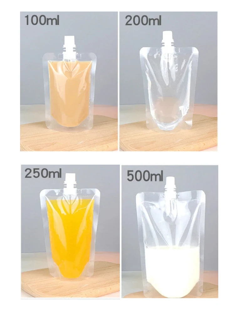 100ml-500ml Travel Drink Spout Pouches Transparent Plastic Bags Sealed Juice Storage Beverage  Ice Cold Drink Pouch Portable