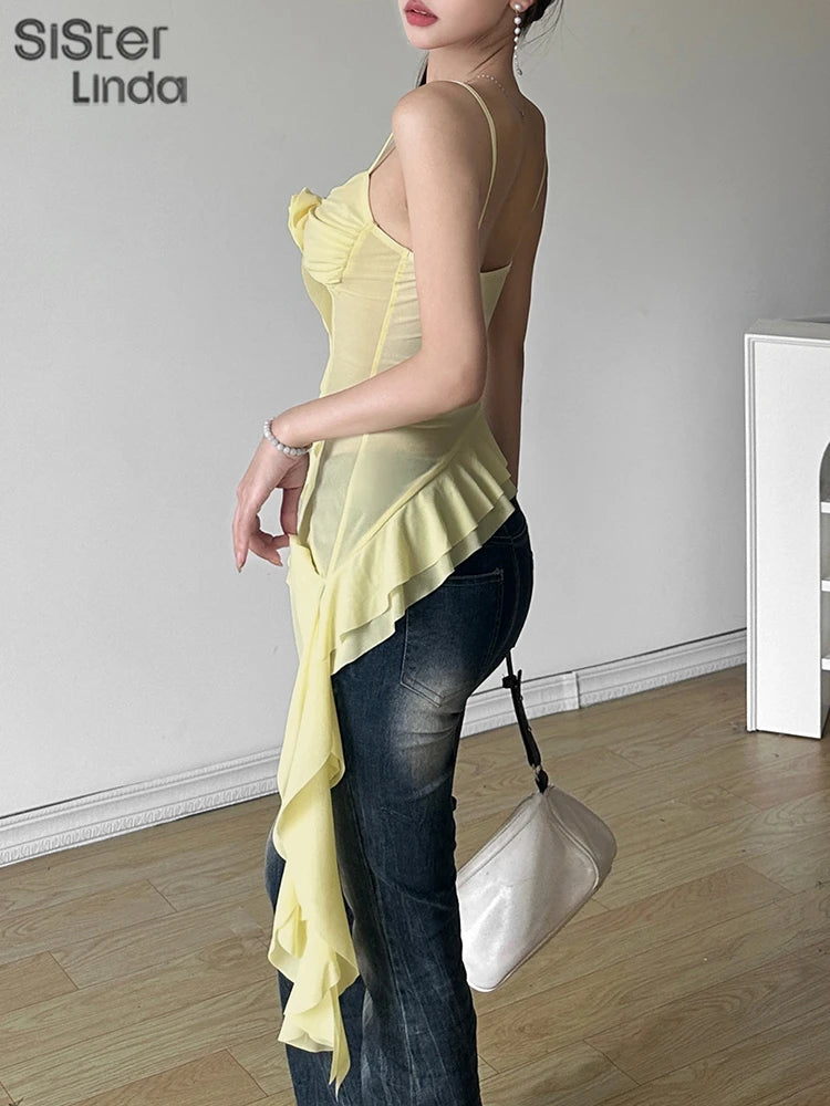 High Quality Women's Sexy Suspender Top Popular In Spring And Summer 2026 Low Cut Backless Yellow Flower Decorated Women's Top
