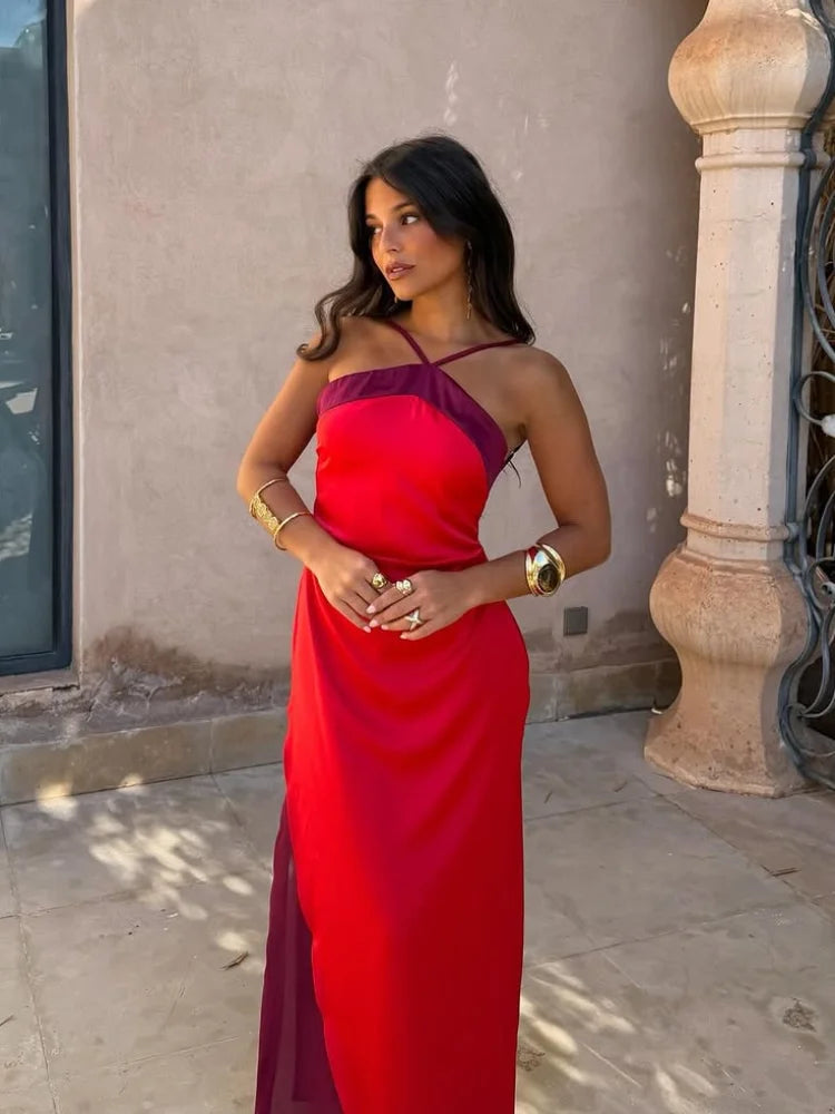 Women's Color-Block Halter Maxi Dress — Backless Off-Shoulder Party Gown