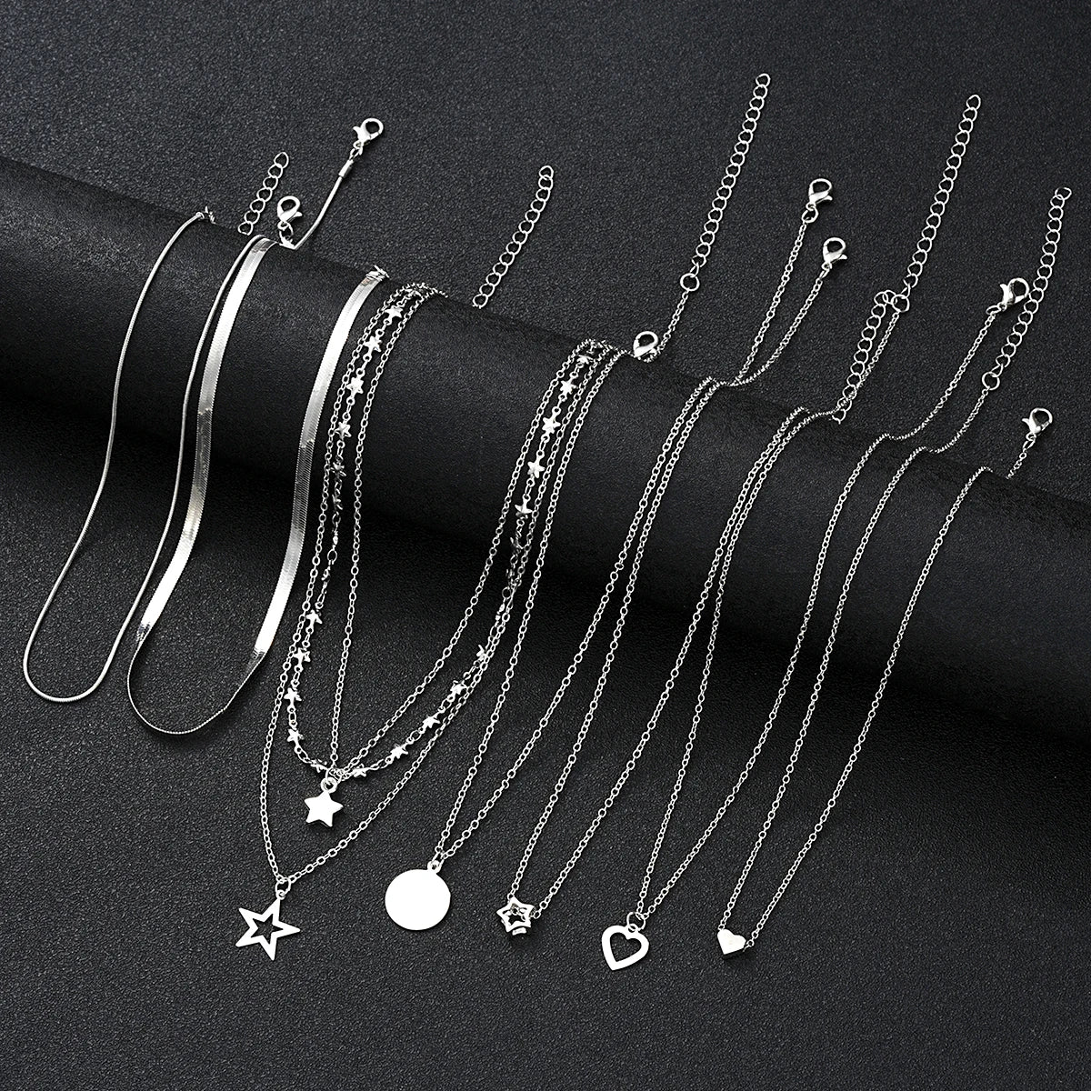 9 Pc Layered Choker Necklace Set for Women - Heart & Star Pendants