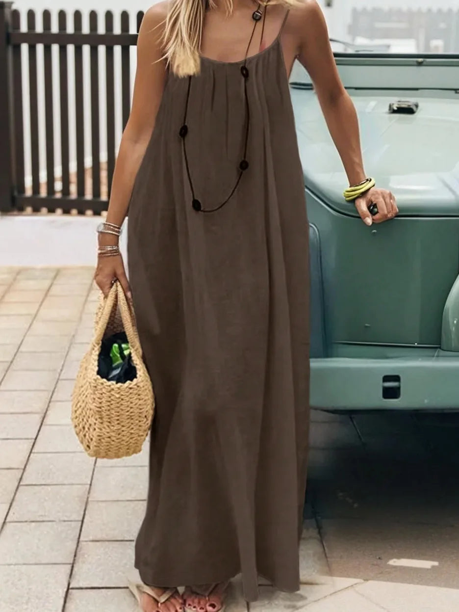 Casual Solid Loose Dress For Women Sexy Sleeveless Spaghetti Strap Backless Lace-up Robe Femme Holiday Beach Party Clothes New