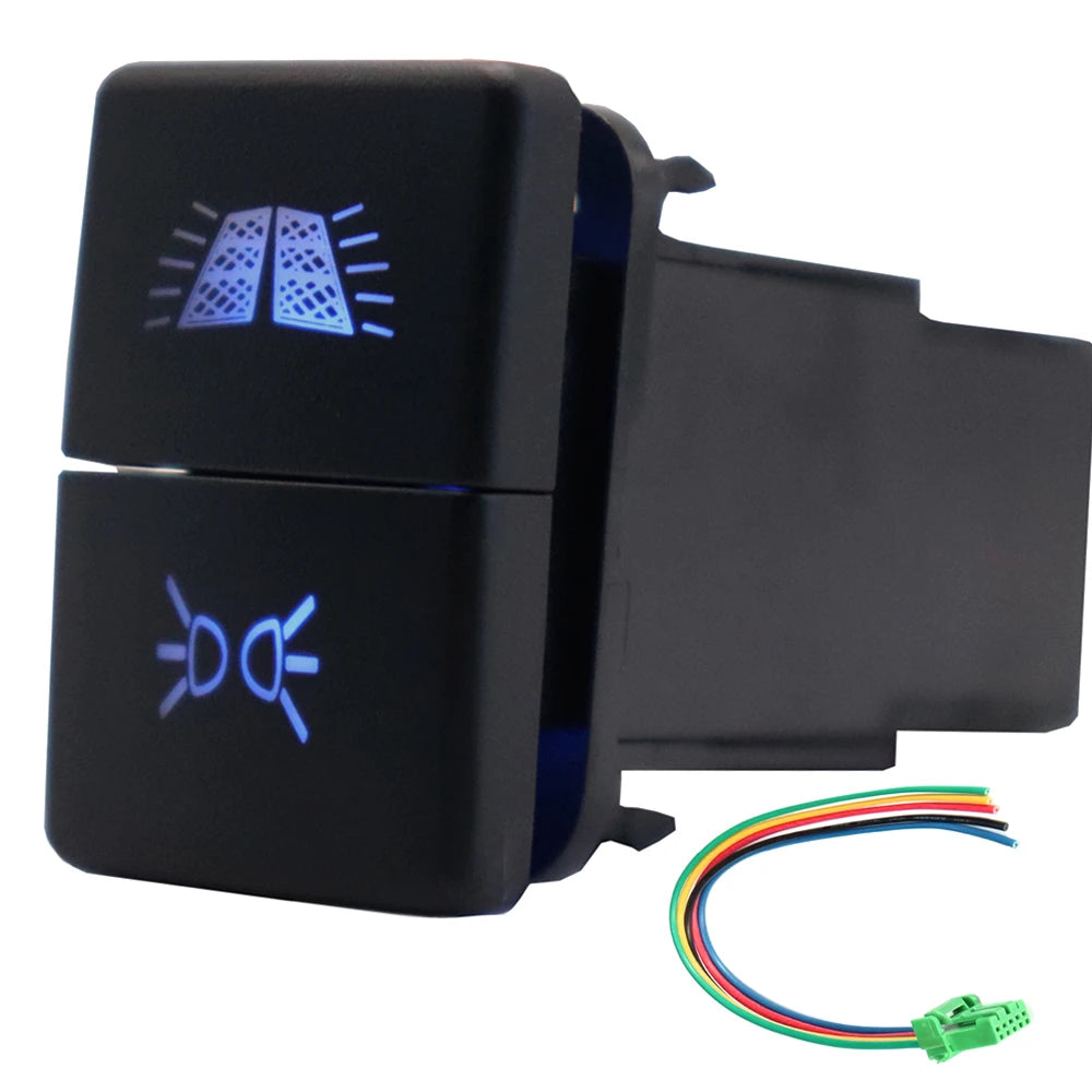 12V Dual Push Button Switch ON-Off Blue/Green Backlit 32.5mm X 22mm for Toyota 4Runner Hilux Prado RAV4, with Connector Wire