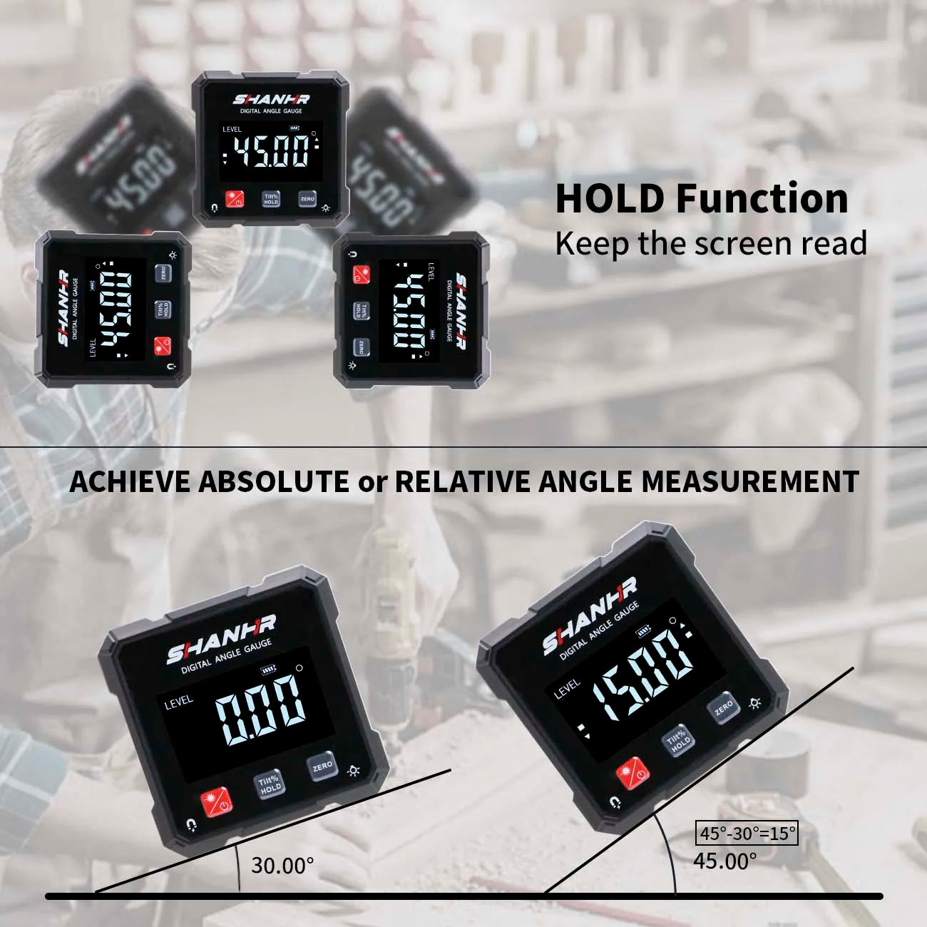 SHAHE Rechargeable Digital Angle Finder with Dual Laser- 4-Side Magnetic Inclinometer Woodworking Measuring Tool Level Box