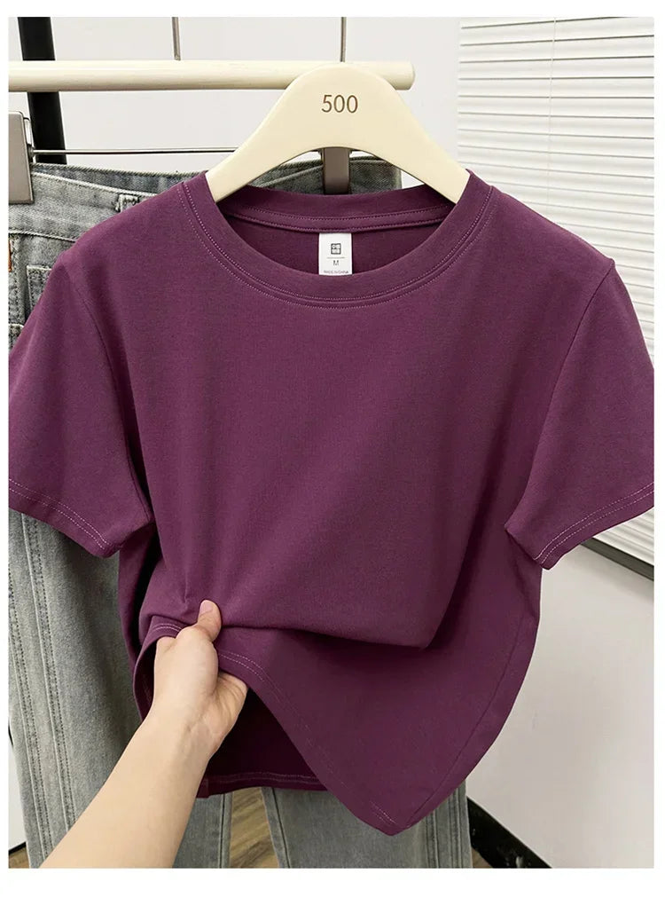 Women's Solid Short Sleeve Tee — Casual Y2K Top