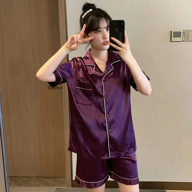 Women's & Men's Satin Pajama Set - Short Sleeve, Solid Colour
