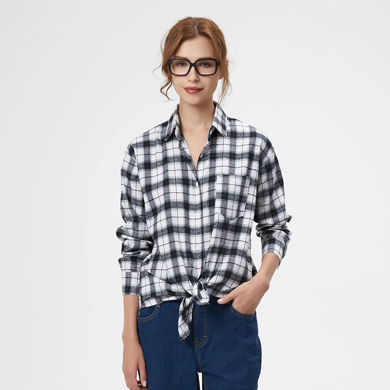 Women's Plaid Long Sleeve Shirt - Loose Casual Button-Up Blouse