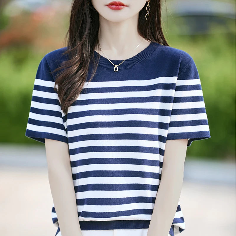 Pure Cotton Hollow Short-Sleeved Ladies Spring And Summer Loose Slim New Joker Knit Bottoming T-Shirt