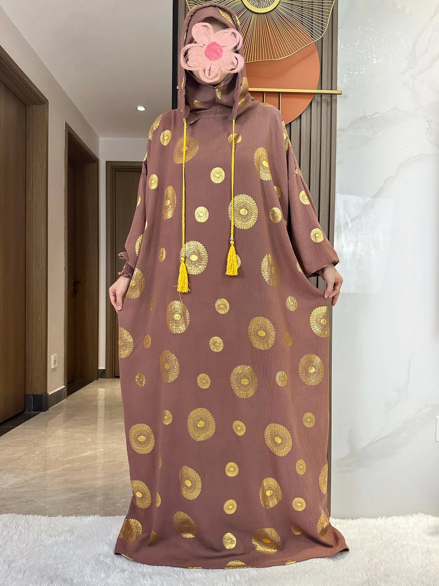 Women's Cotton Embroidered Abaya Kaftan – Gold Dust Shimmer, Loose Fit, All-Season Muslim Dress