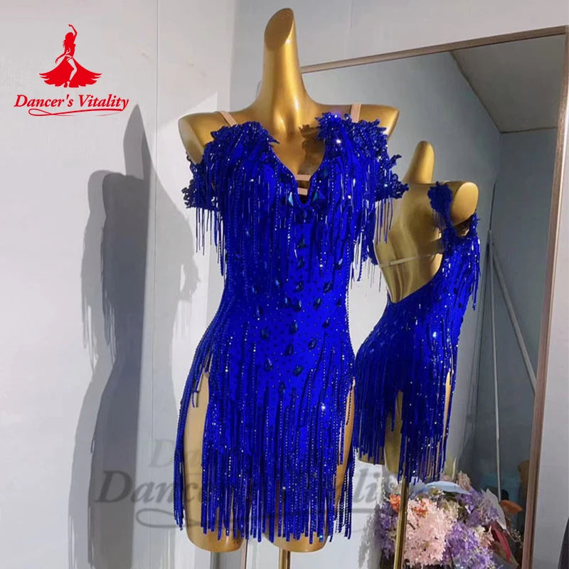 Women's fringe-skirt Latin competition dress with stones