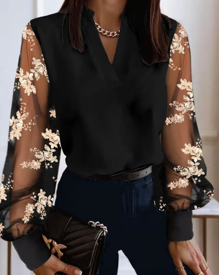Women's V-Neck Blouse with Sheer Floral Lace Sleeves - Office Top