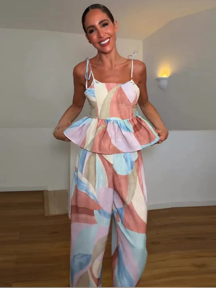 Pastel Cami & Wide-Leg Pants Set — Ruffle 2-Piece Outfit