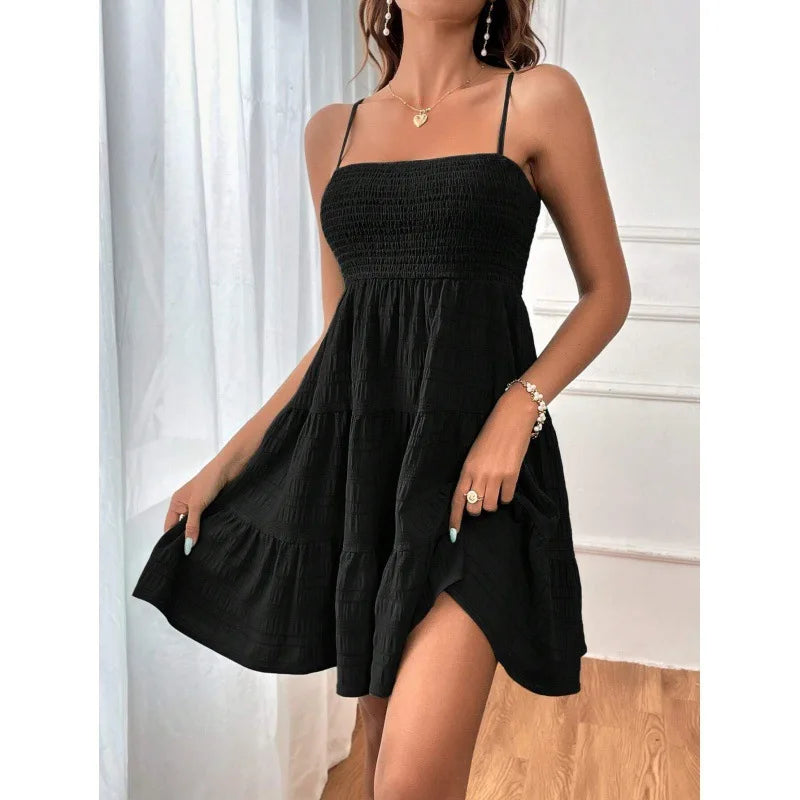 Women's Smocked Tiered Mini Dress — Spaghetti-Strap Ruffle Swing Beach Dress