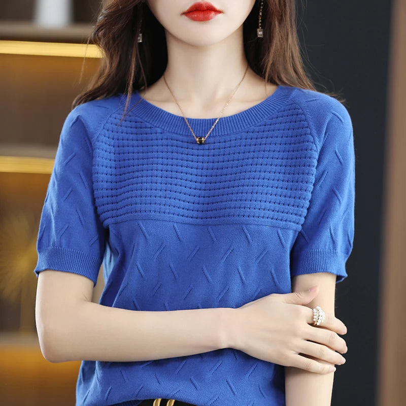 100% cotton short sleeve 2023 summer new women's round neck pullover loose knit solid color top casual vest fashion T-shirt