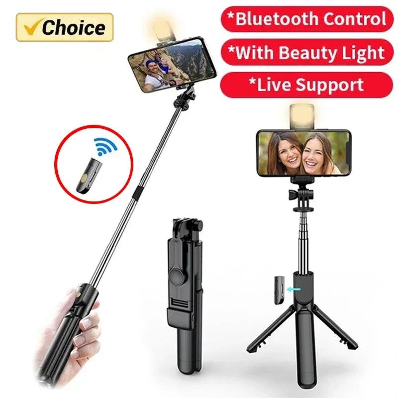 Wireless Selfie Stick with Tripod Stand and Light, Bluetooth Remote, Extendable for iPhone, Mobile Phone, TikTok Live Streaming