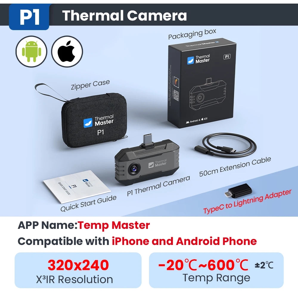 (iPhone&Android) P1 android thermal camera for iphone 320*240 X³IR Resolution 600℃ 25Hz HVAC House Inspection Camera