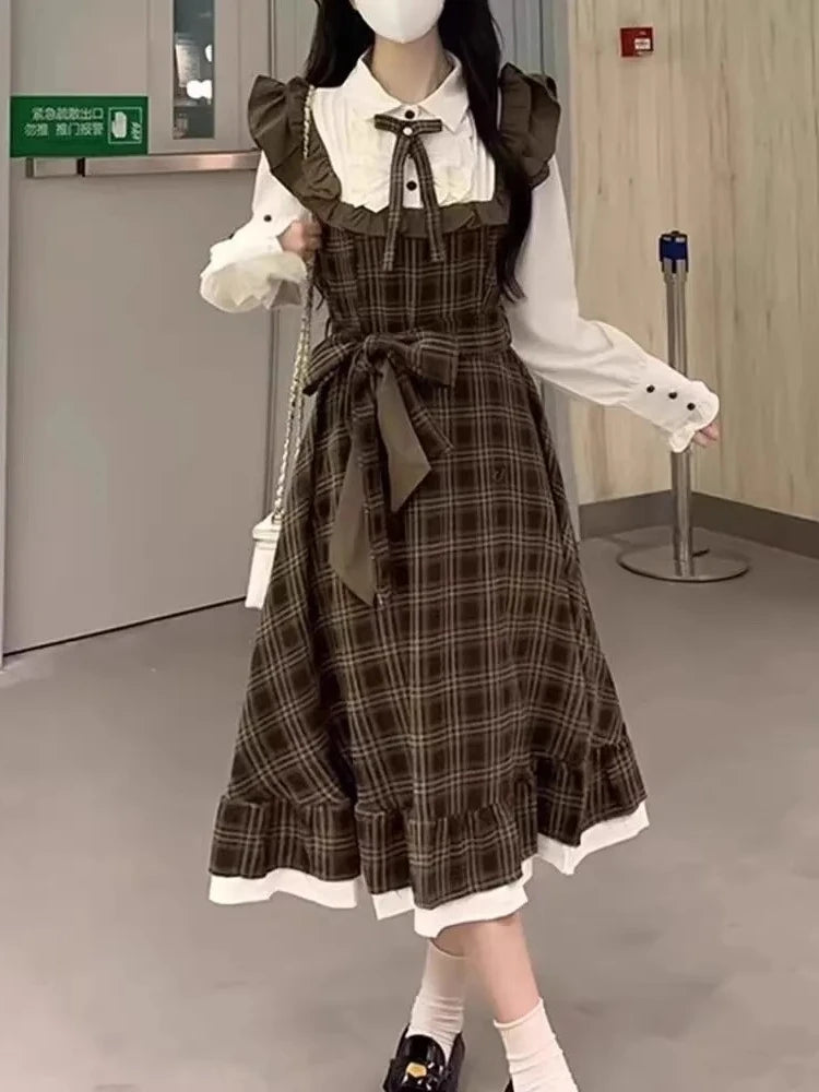 Autumn French Vintage Elegant Women Midi Dresses Y2k Casual Design Plaid Evening Dress New Fashion Office Korean Popular Clothes