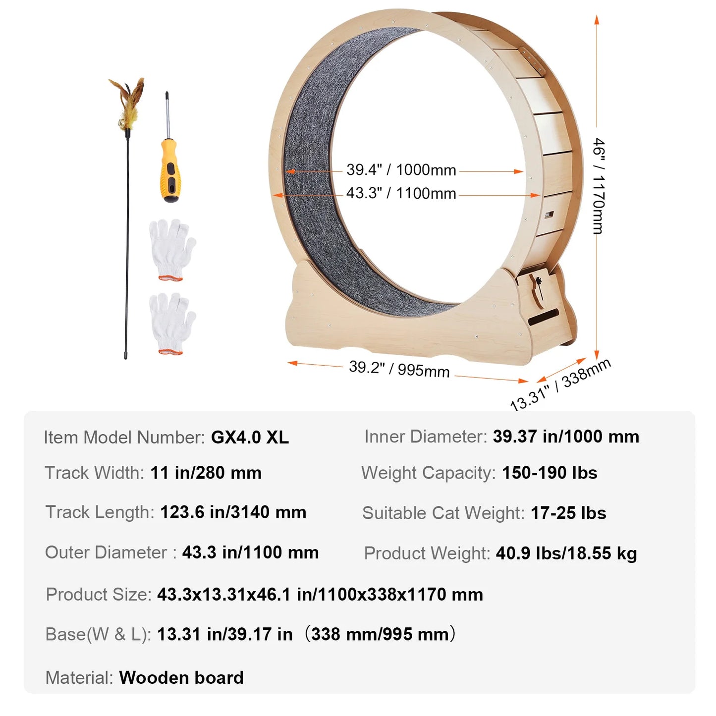 SucceBuy Wooden Cat Exercise Wheel – Large Indoor Cat Treadmill Running Wheel with Carpet & Teaser | 29–52 inch