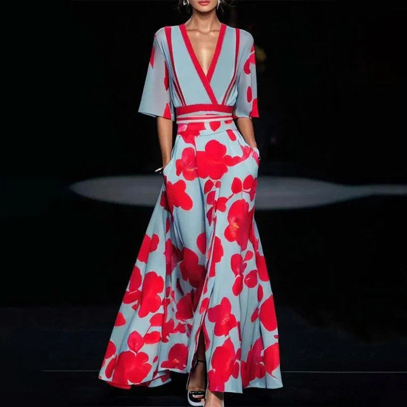 Vintage Dress Women 2024 Sexy Spring V Neck Printed Hem Boho Maxi Dress Elegant Fashion Half Sleeved Waist Cinching Party Dress