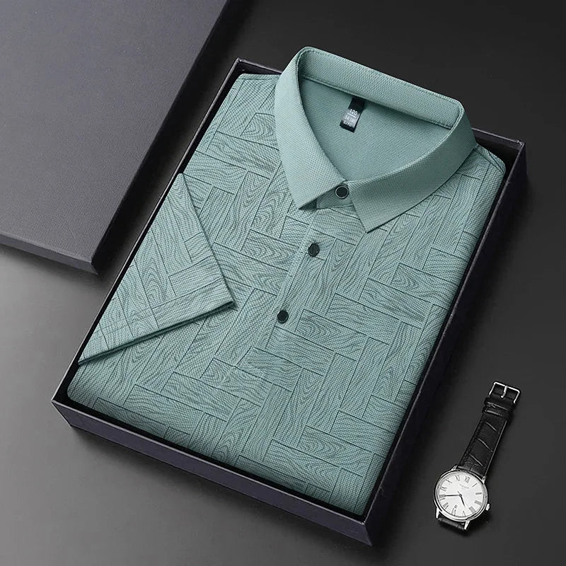 Men's Print Lapel Polo - Wood-Tile Pattern, Half-Button Placket