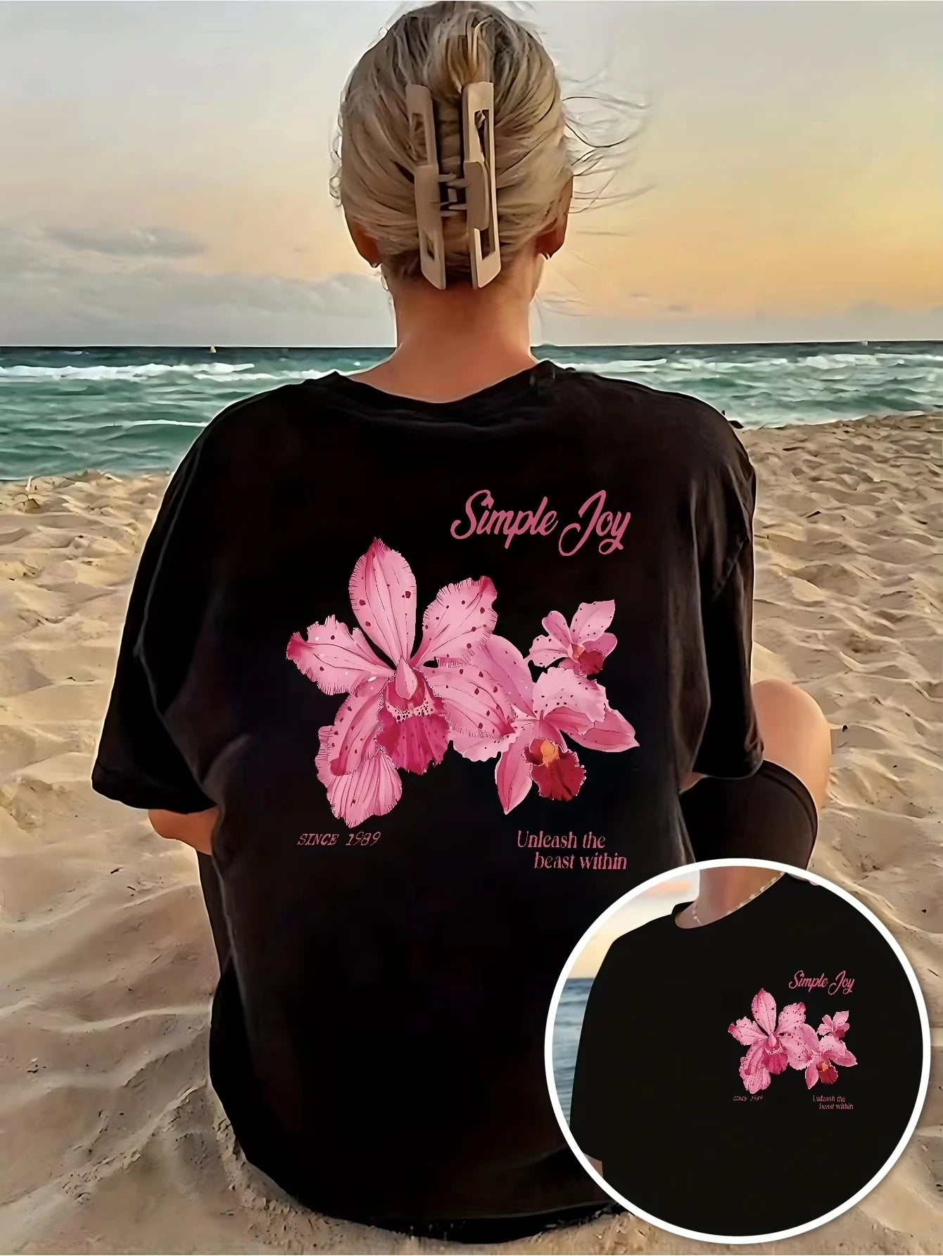 Women's Pink Orchid Print T-Shirt Sleeve Round Neck Top Summer Style T-shirt Comfortable Women's Clothing Top Aesthetic Clothes