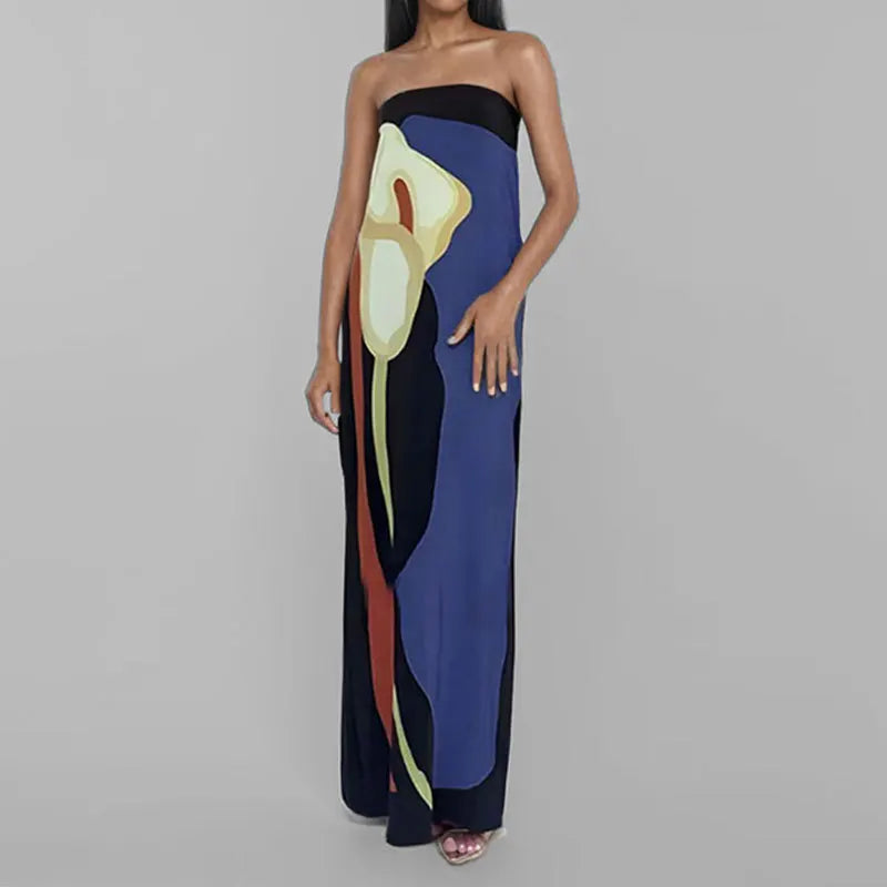 2026 Summer Women Strapless Backless Flower Printed Long Dress Women Sleeveless Off Shoulder Vestidos Plus Size S-3XL Streetwear