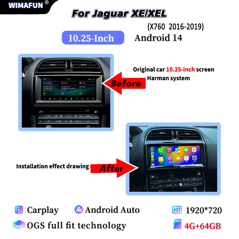 10.25" For Jaguar XE F-PACE X760 X761 Android 14 2016 to 2019 Car Radio Multimedia Player CarPlay and Auto Smart Car System