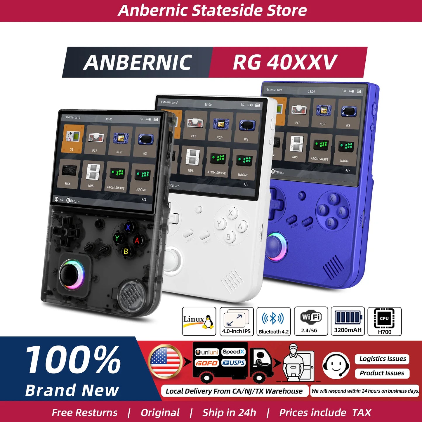ANBERNIC RG40XX V Retro Handheld Game Console 4'' IPS Screen 64GB Preloaded Games 4753+ Linux System 5G WiFi HDMI Bluetooth 4.2 RGB Lighting Portable Gaming
