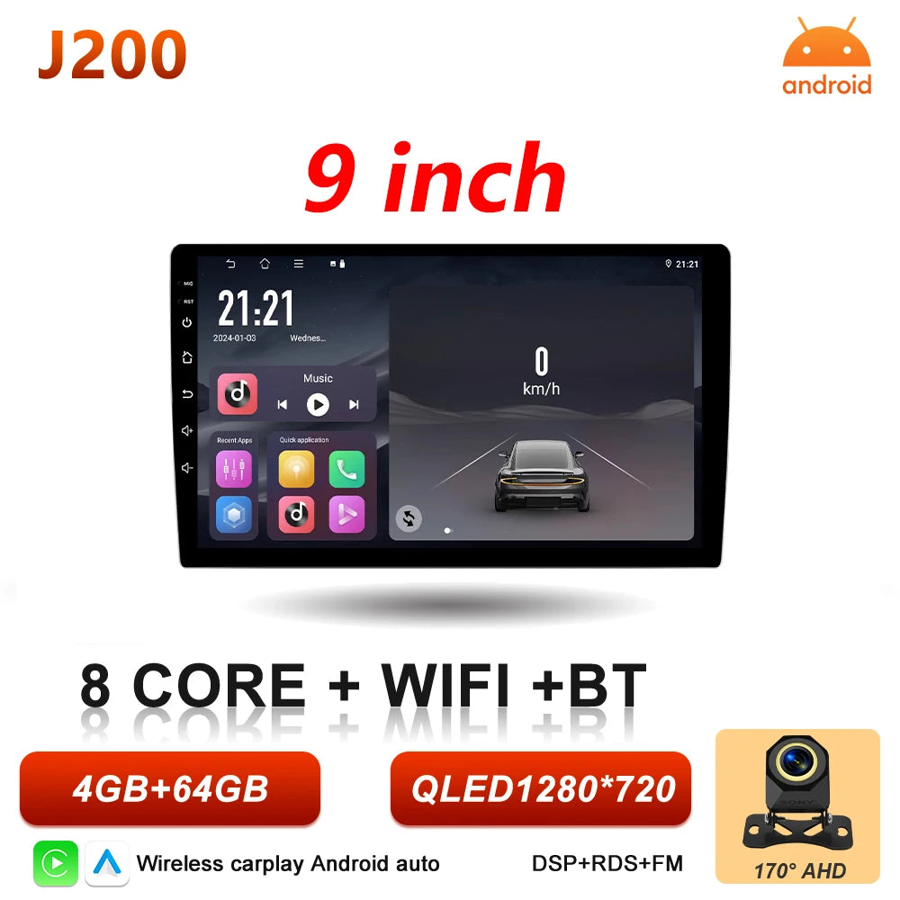 Universal 2-DIN Android Car Stereo (9"/10") — CarPlay, Android Auto, GPS, QLED Screen, WiFi, Bluetooth
