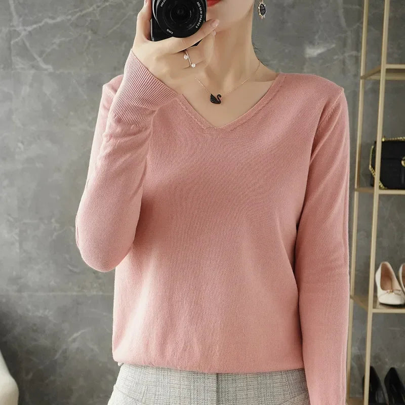 Women Sweater 2026 Spring Autumn Warm Winter Slim Fit Bottoming Shirt V-neck Korean Knitted Tops Casual High Strecth Jumpers
