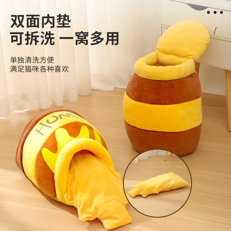 Cat Bed Warm Comfortable Kennel Nest Pet Cat Bed Soft Removable Cushion Nonslip Bottom Cartoon Washable House Honey Pot Cave